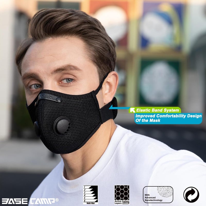 Base Camp Upgrade M Plus Dust Mask 2 Pack, Breathable Reusable Dust Face Mask with 6 Activated Carbon Filters for Woodworking Construction Mowing Grinding - Image 2